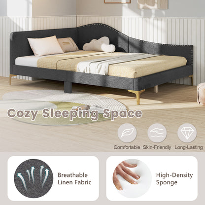 Upholstered Daybed with Rivet-Tufted Design, Wood Slats and Metal Legs, Full Size