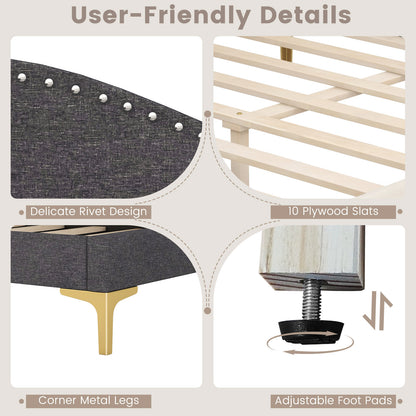 Upholstered Daybed with Rivet-Tufted Design, Wood Slats and Metal Legs, Full Size
