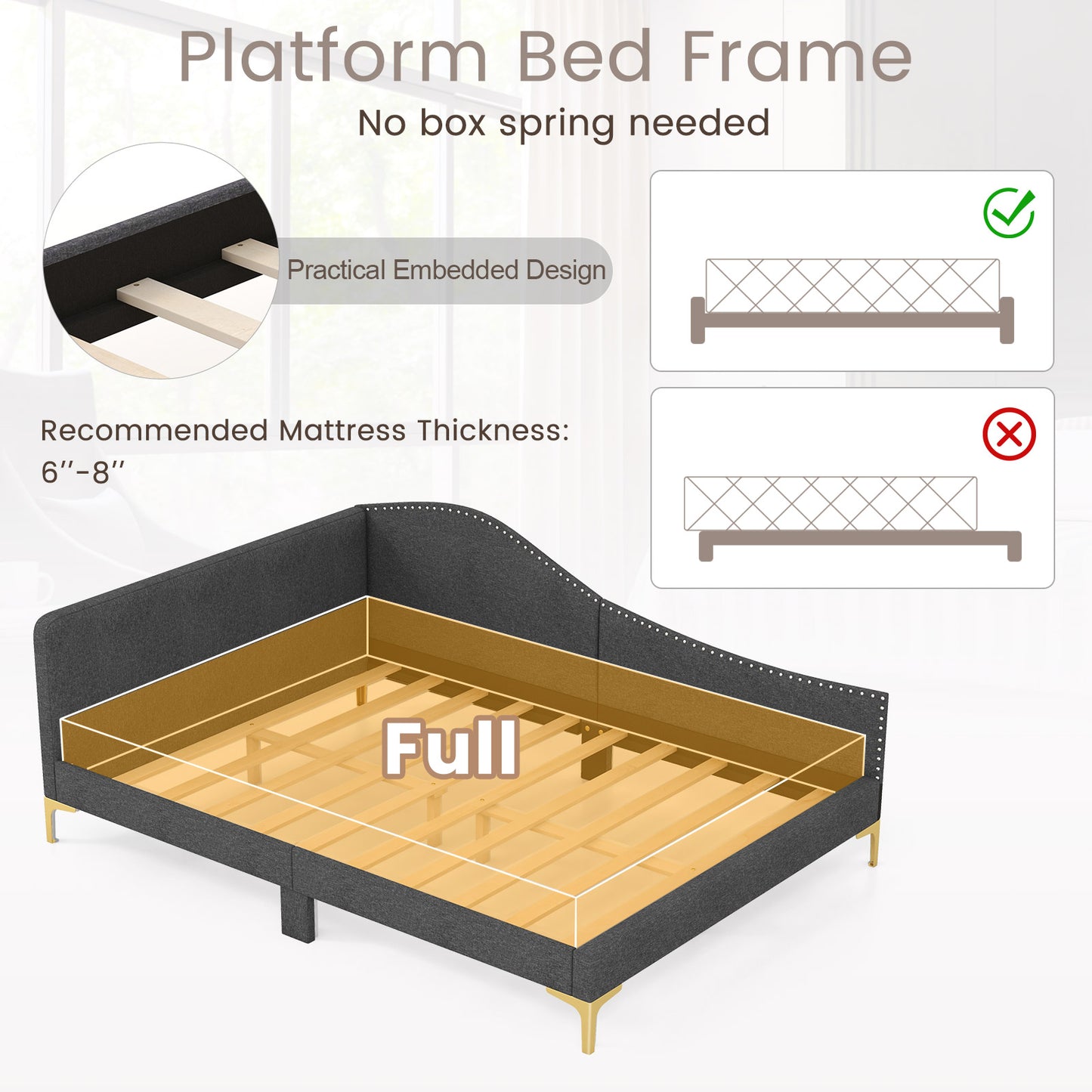 Upholstered Daybed with Rivet-Tufted Design, Wood Slats and Metal Legs, Full Size