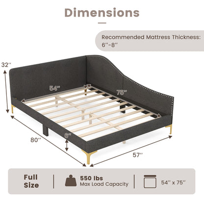 Upholstered Daybed with Rivet-Tufted Design, Wood Slats and Metal Legs, Full Size