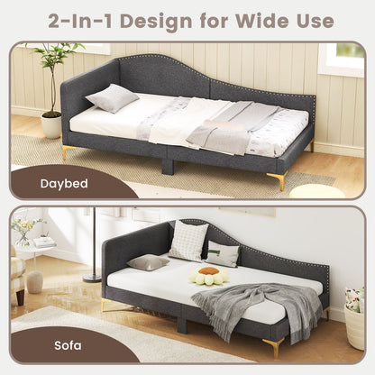 Upholstered Daybed with Rivet-Tufted Design, Wood Slats and Metal Legs, Twin Size