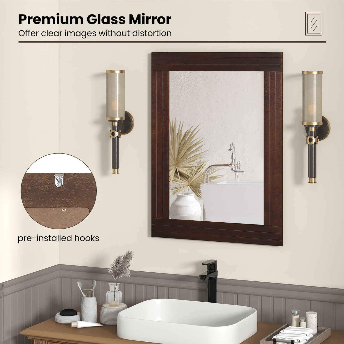 Rustic Wood-Framed Wall Mirror for Living Room, Bedroom, & Entryway