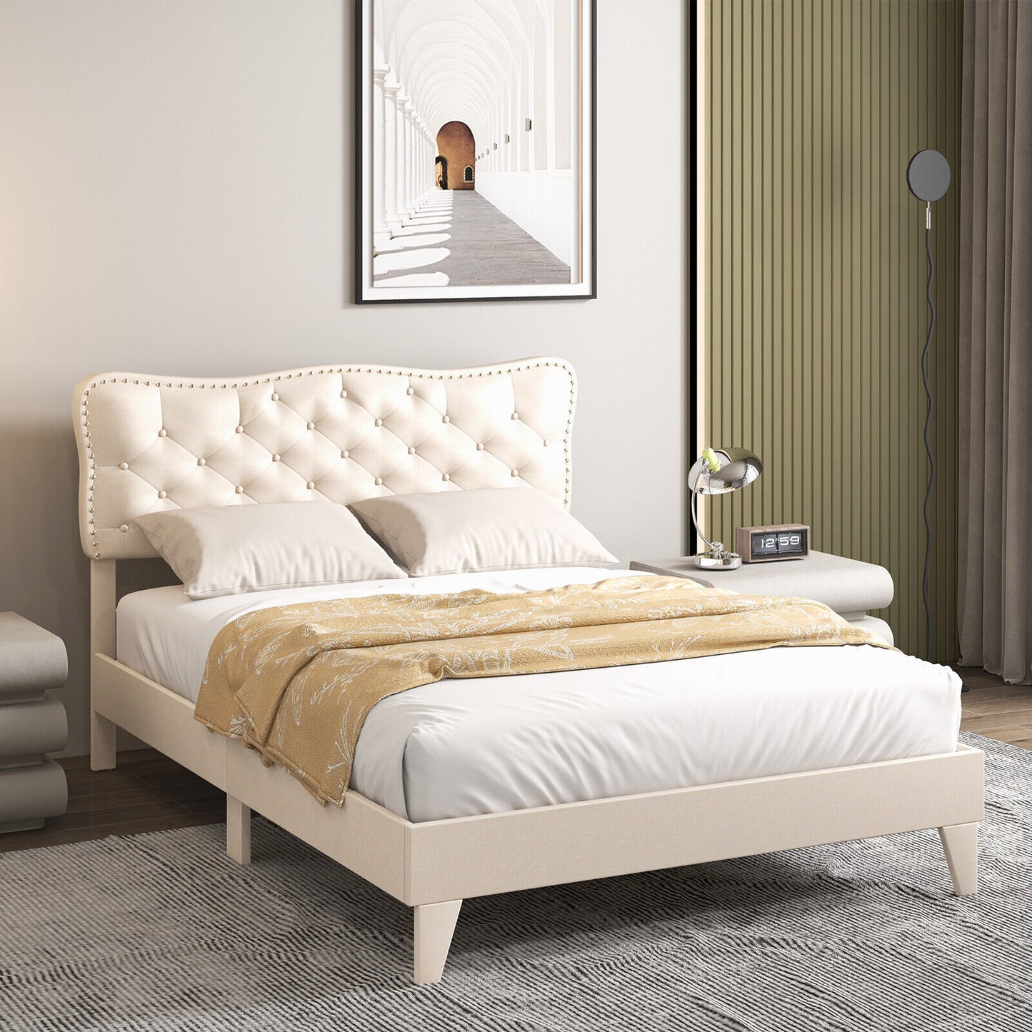 Upholstered Bed Frame with Nail-Head Tufted Headboard and Wooden Slats – Full/Queen Size