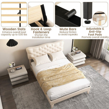 Upholstered Bed Frame with Nail-Head Tufted Headboard and Wooden Slats – Full/Queen Size