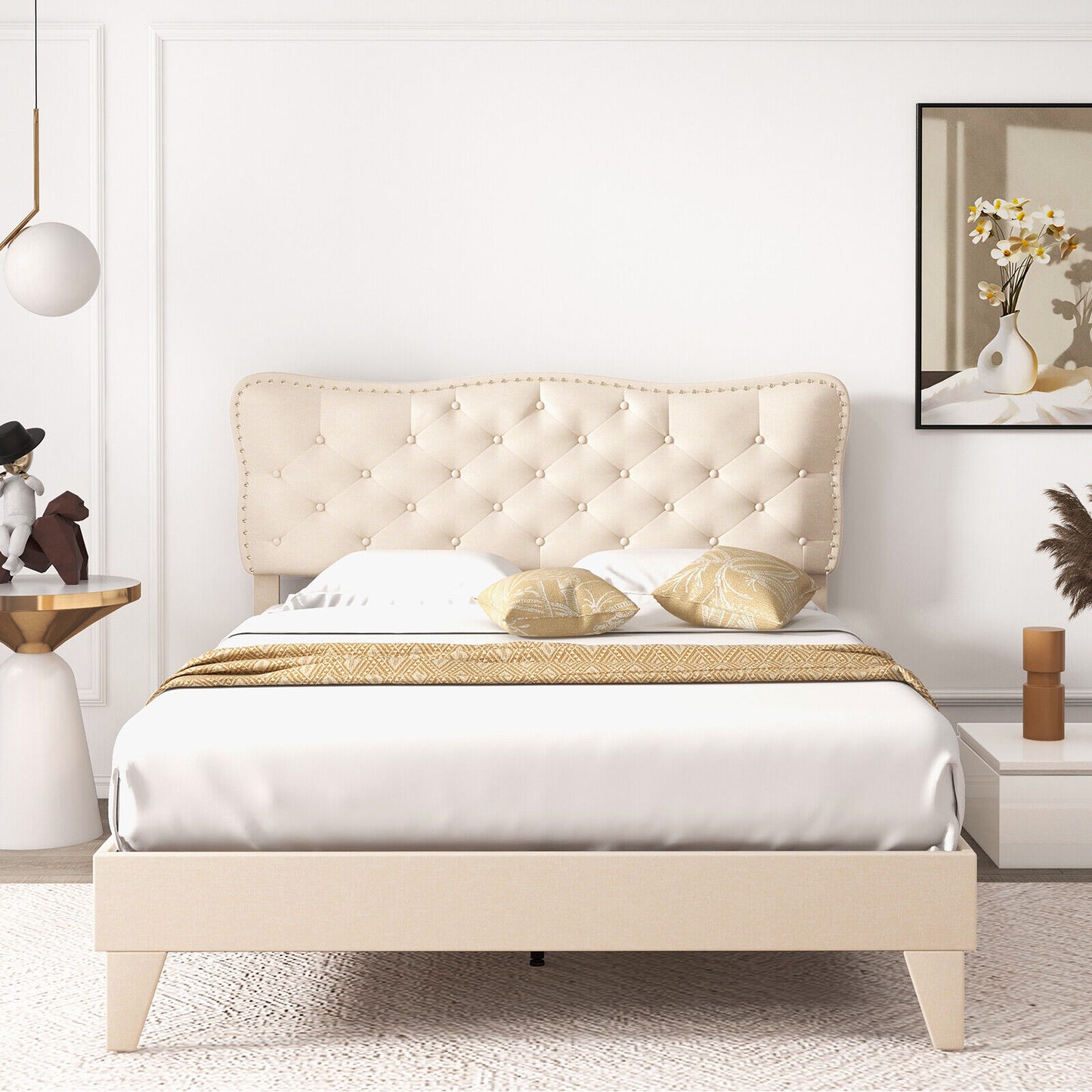 Upholstered Bed Frame with Nail-Head Tufted Headboard and Wooden Slats – Full/Queen Size