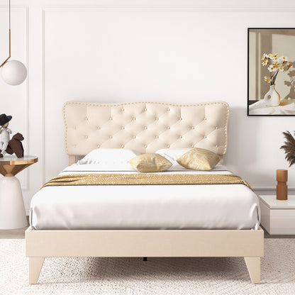 Upholstered Bed Frame with Nail-Head Tufted Headboard and Wooden Slats – Full/Queen Size