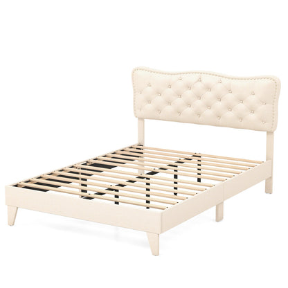 Upholstered Bed Frame with Nail-Head Tufted Headboard and Wooden Slats – Full/Queen Size