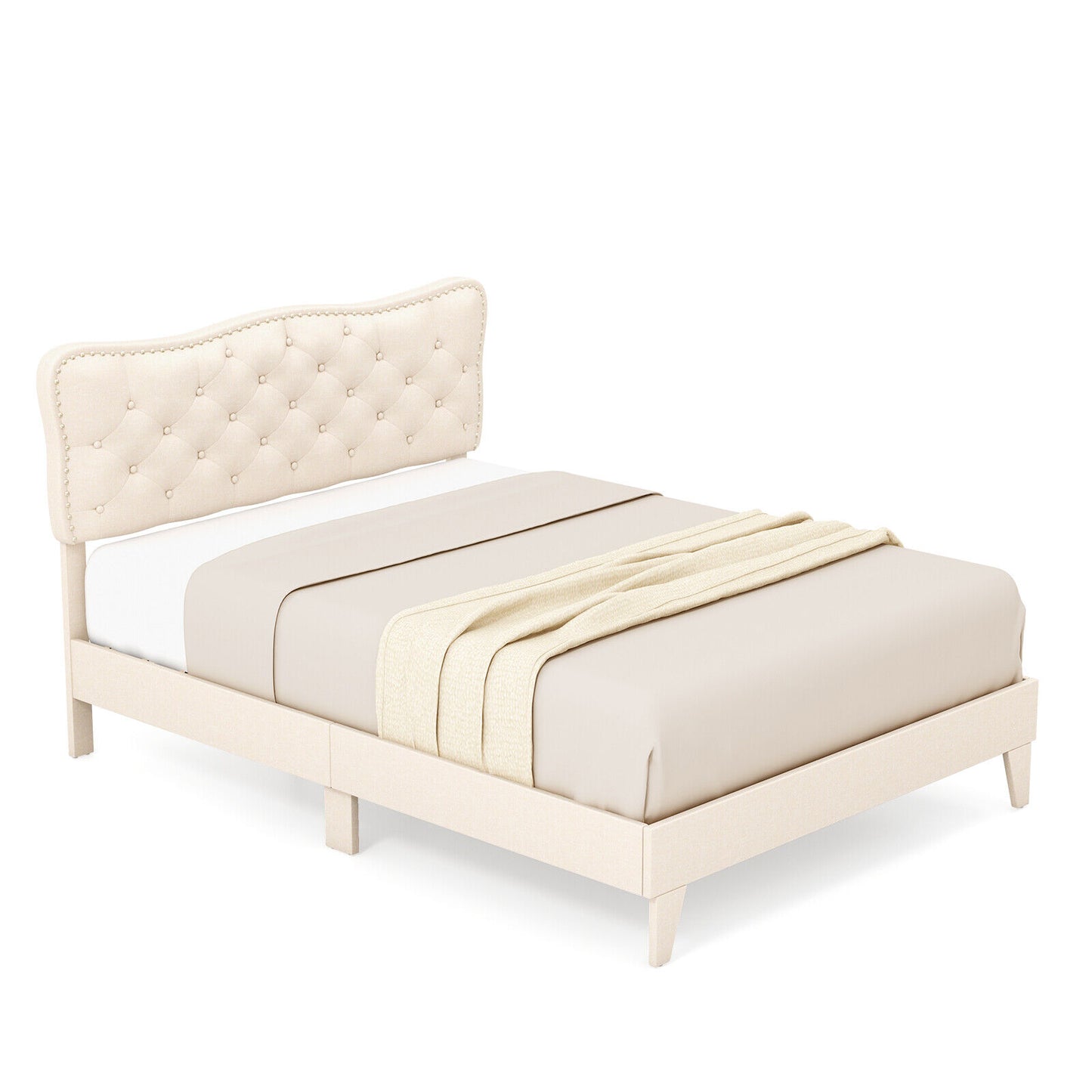 Upholstered Bed Frame with Nail-Head Tufted Headboard and Wooden Slats – Full/Queen Size