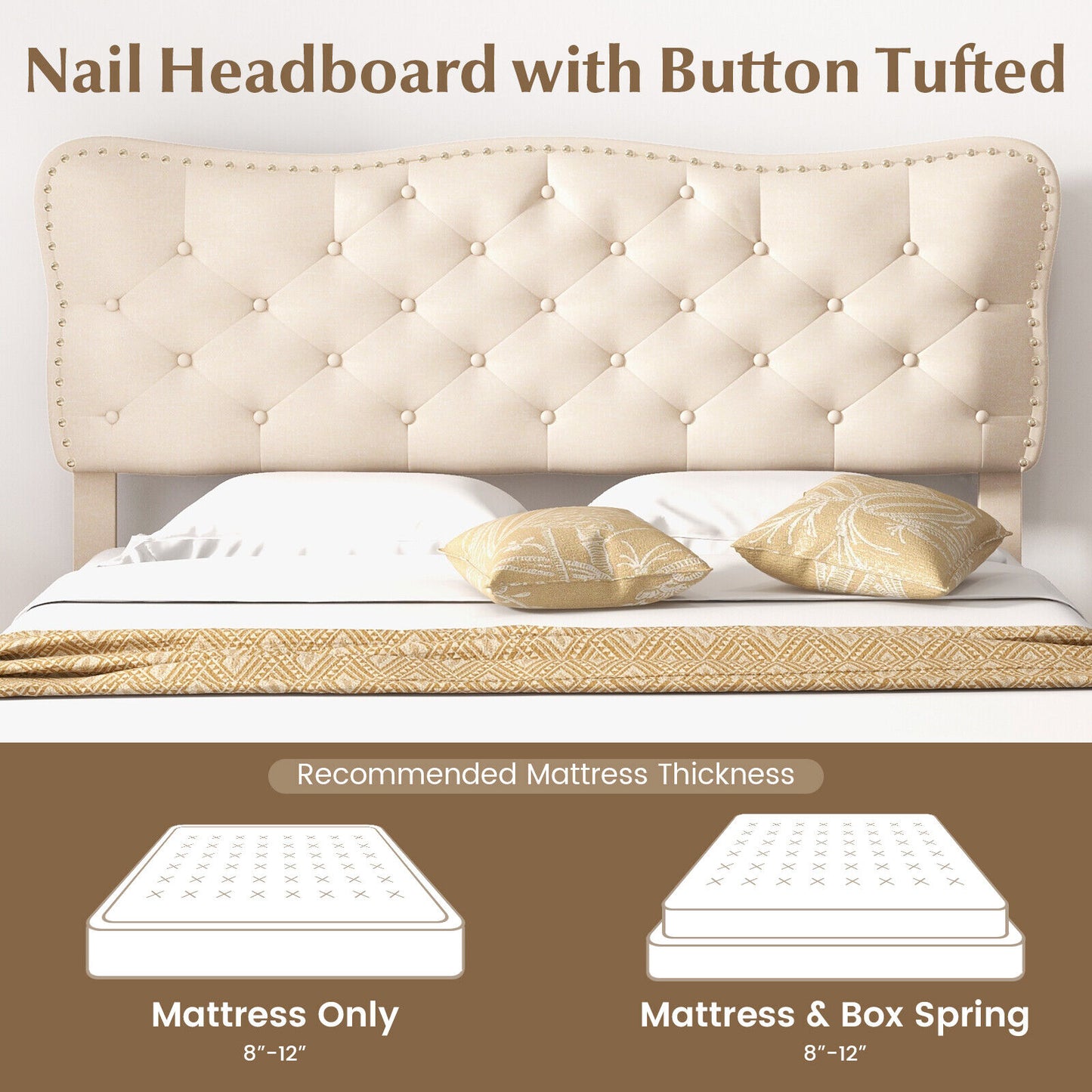 Upholstered Bed Frame with Nail-Head Tufted Headboard and Wooden Slats – Full/Queen Size