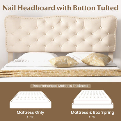 Upholstered Bed Frame with Nail-Head Tufted Headboard and Wooden Slats – Full/Queen Size