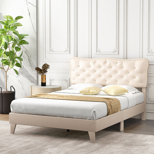 Upholstered Bed Frame with Nail-Head Tufted Headboard and Wooden Slats – Full/Queen Size