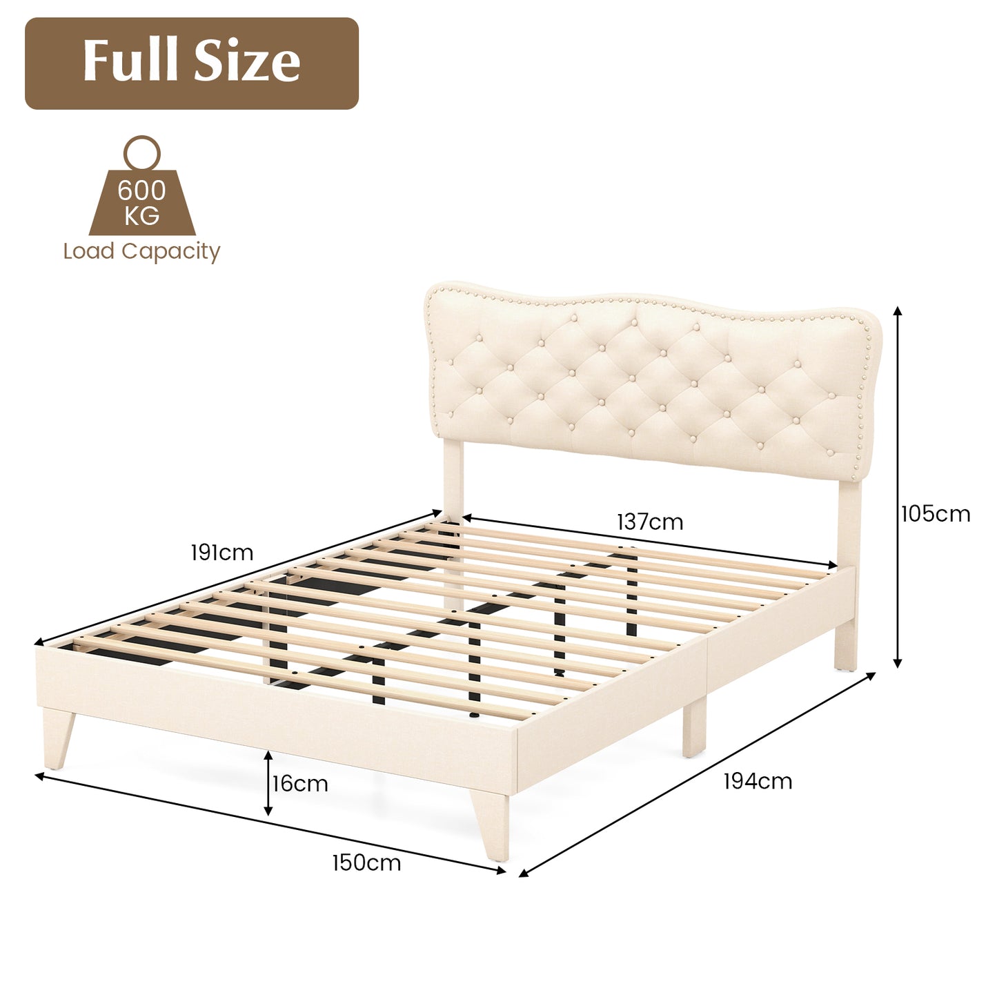 Upholstered Bed Frame with Nail-Head Tufted Headboard and Wooden Slats – Full/Queen Size