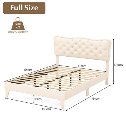 Upholstered Bed Frame with Nail-Head Tufted Headboard and Wooden Slats – Full/Queen Size