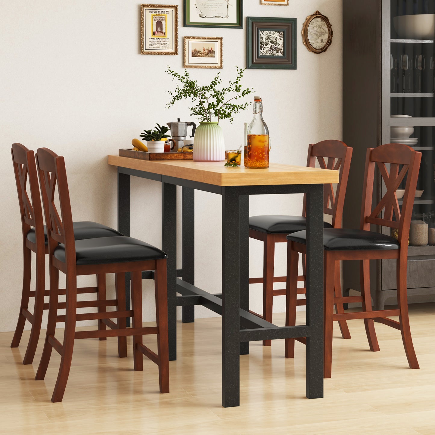 24 Inch Dining Chair Set of 2 with Leather Upholstered Seat and Hollowed High Backrest