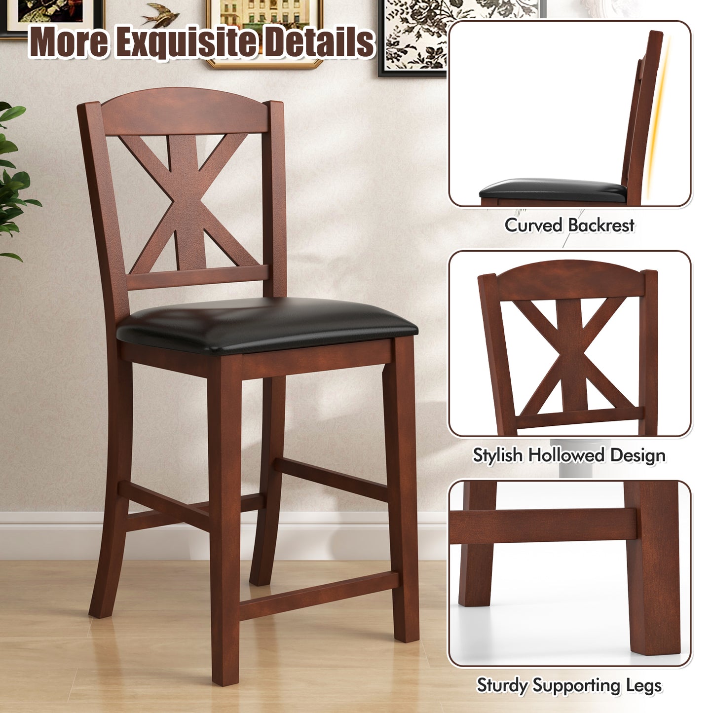 24 Inch Dining Chair Set of 2 with Leather Upholstered Seat and Hollowed High Backrest