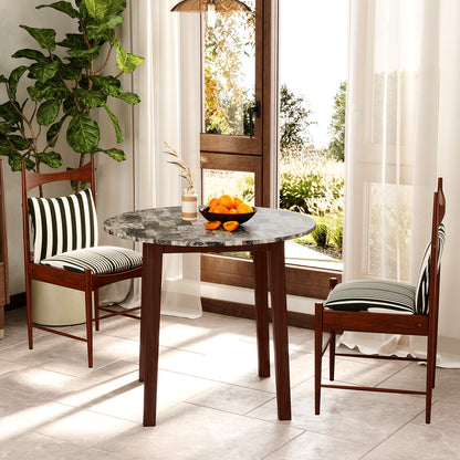 Modern 35 Inch Round Dining Table with Marble Finish Top and Solid Rubber Wood Legs in Brown