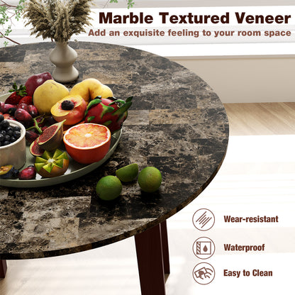Modern 35 Inch Round Dining Table with Marble Finish Top and Solid Rubber Wood Legs in Brown
