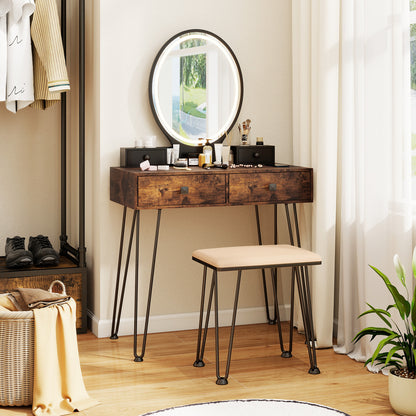 Vanity Table Set with Dimmable 3-Color LED Mirror and Storage Drawers - Brown