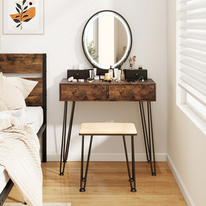 Vanity Table Set with Dimmable 3-Color LED Mirror and Storage Drawers - Brown