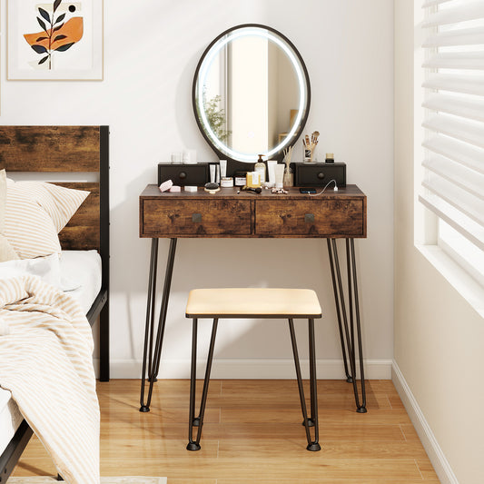 Vanity Table Set with Dimmable 3-Color LED Mirror and Storage Drawers - Brown
