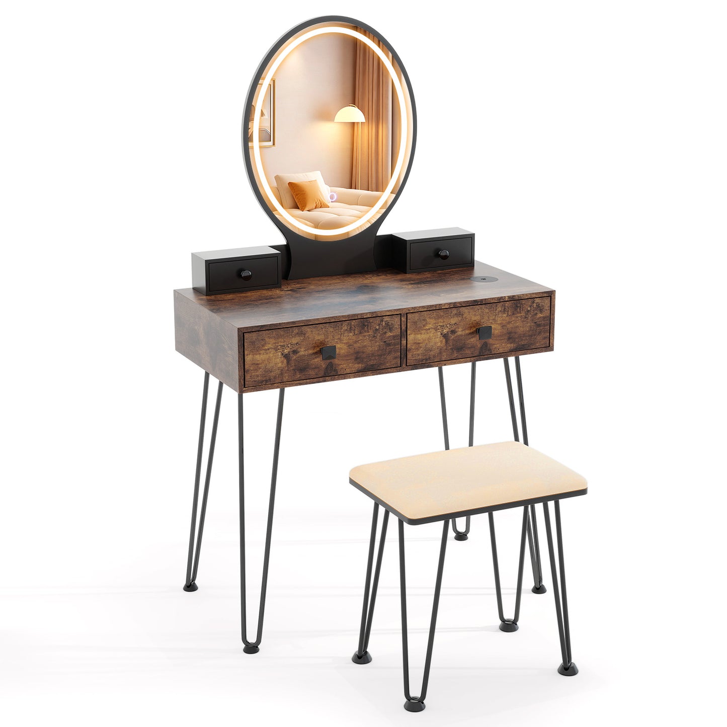 Vanity Table Set with Dimmable 3-Color LED Mirror and Storage Drawers - Brown