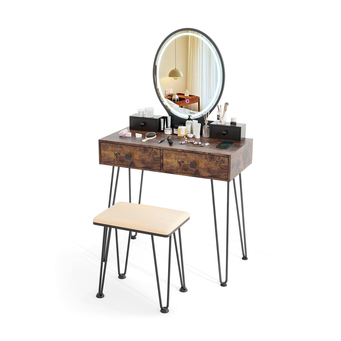 Vanity Table Set with Dimmable 3-Color LED Mirror and Storage Drawers - Brown
