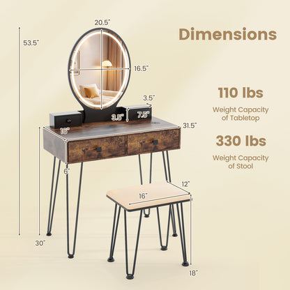 Vanity Table Set with Dimmable 3-Color LED Mirror and Storage Drawers - Brown