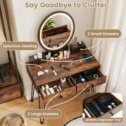 Vanity Table Set with Dimmable 3-Color LED Mirror and Storage Drawers - Brown
