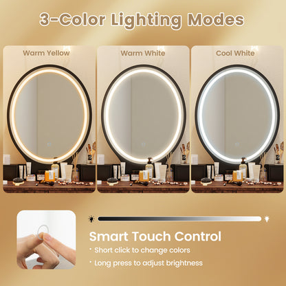 Vanity Table Set with Dimmable 3-Color LED Mirror and Storage Drawers - Brown