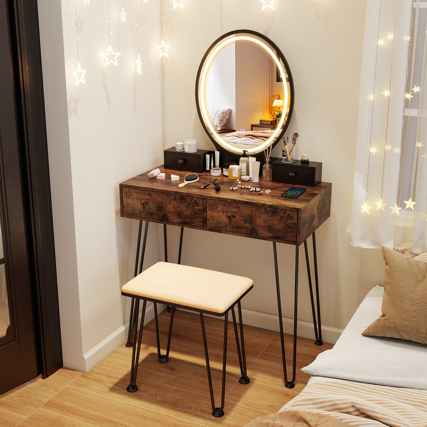 Vanity Table Set with Dimmable 3-Color LED Mirror and Storage Drawers - Brown