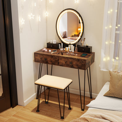 Vanity Table Set with Dimmable 3-Color LED Mirror and Storage Drawers - Brown