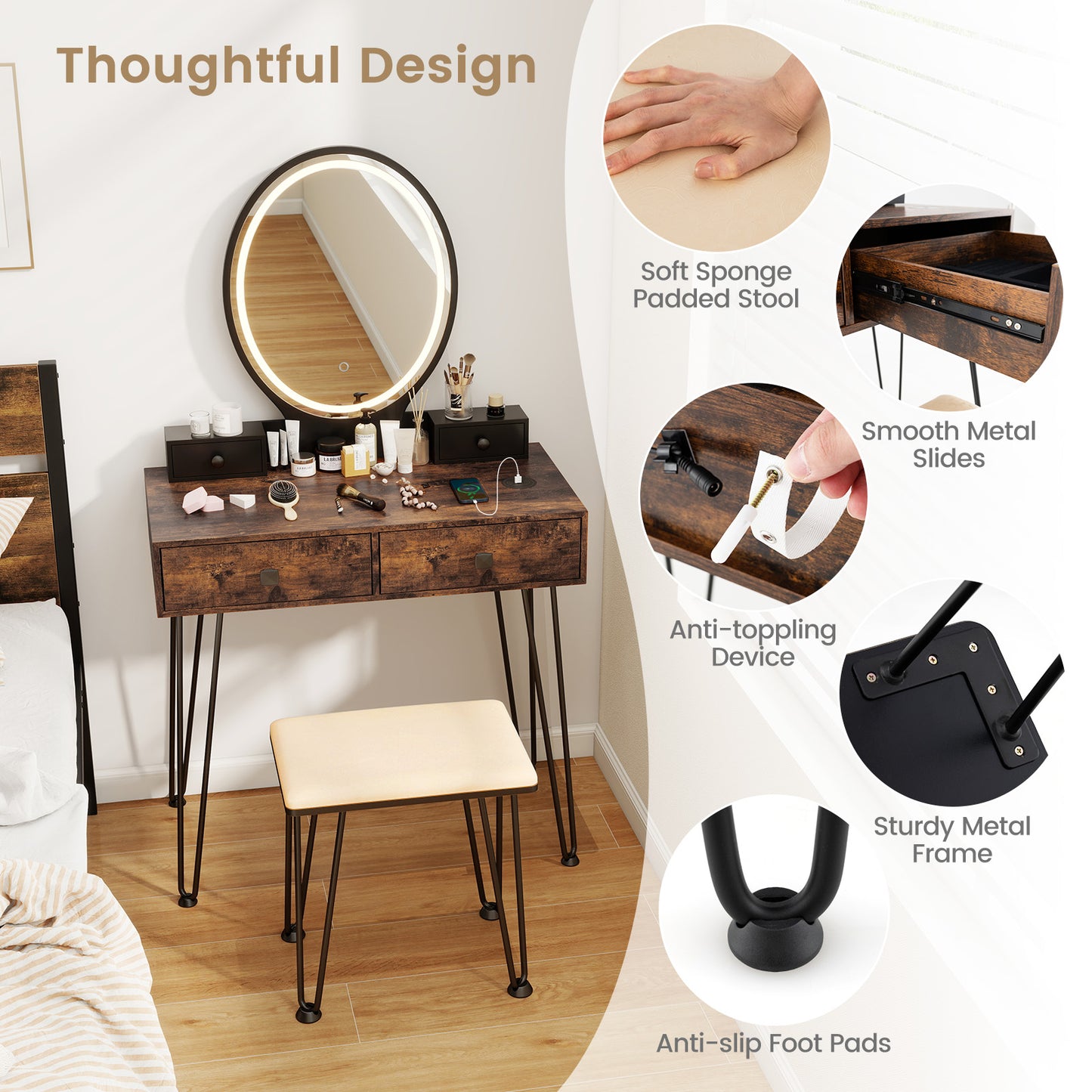 Vanity Table Set with Dimmable 3-Color LED Mirror and Storage Drawers - Brown