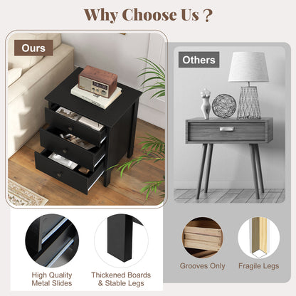 Sleek Wooden Nightstand with 3 Drawers for Bedroom or Living Room – Black