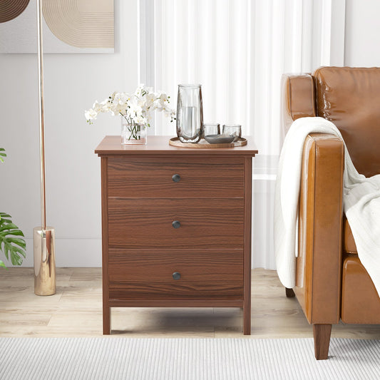 Sleek Wooden Nightstand with 3 Drawers for Bedroom or Living Room – Brown
