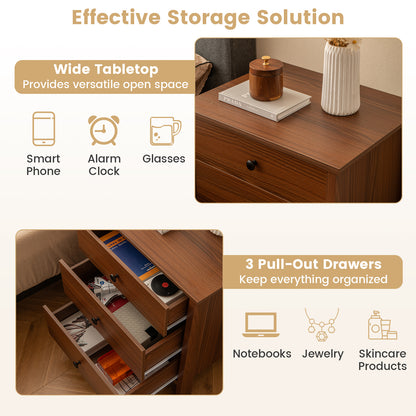 Sleek Wooden Nightstand with 3 Drawers for Bedroom or Living Room – Brown