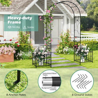 Multifunctional Garden Arbor with Side Planters, Climbing Arch & 8 Ground Stakes