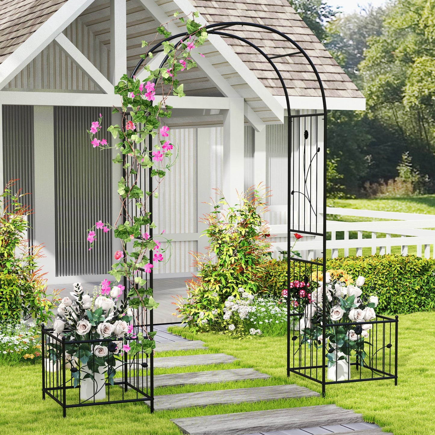 Multifunctional Garden Arbor with Side Planters, Climbing Arch & 8 Ground Stakes