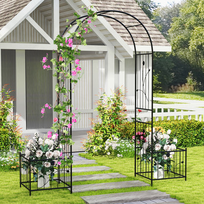 Multifunctional Garden Arbor with Side Planters, Climbing Arch & 8 Ground Stakes