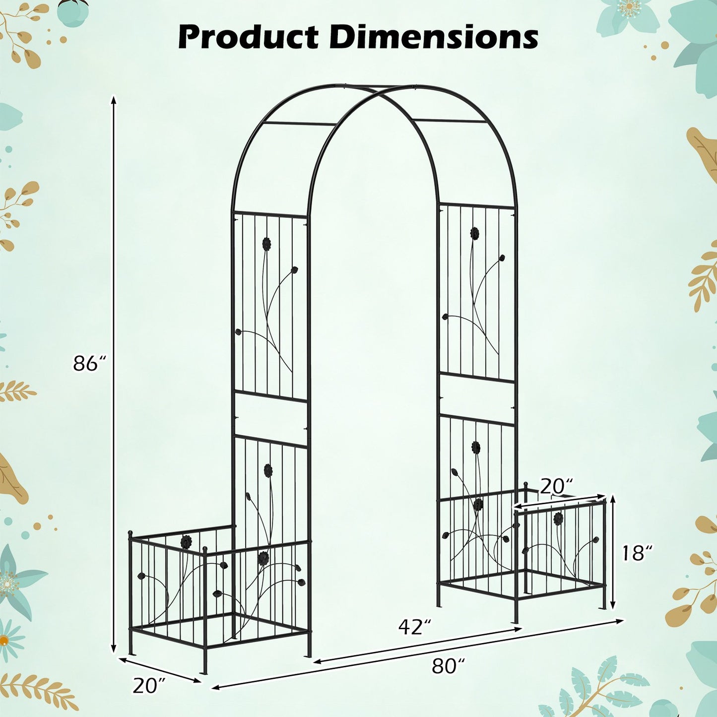 Multifunctional Garden Arbor with Side Planters, Climbing Arch & 8 Ground Stakes