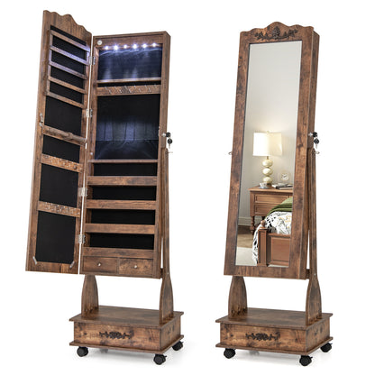 Rolling Full-Length Mirror Jewelry Armoire with Lockable Storage, Drawers and LED Lighting – Rustic Brown