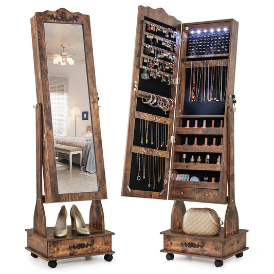 Rolling Full-Length Mirror Jewelry Armoire with Lockable Storage, Drawers and LED Lighting – Rustic Brown