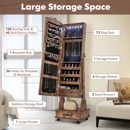 Rolling Full-Length Mirror Jewelry Armoire with Lockable Storage, Drawers and LED Lighting – Rustic Brown