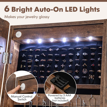 Rolling Full-Length Mirror Jewelry Armoire with Lockable Storage, Drawers and LED Lighting – Rustic Brown