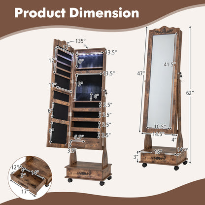 Rolling Full-Length Mirror Jewelry Armoire with Lockable Storage, Drawers and LED Lighting – Rustic Brown