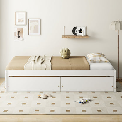 Wooden Twin Captain Bed with Storage Drawers and Slatted Support, White