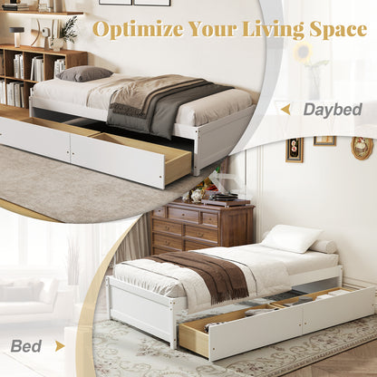 Wooden Twin Captain Bed with Storage Drawers and Slatted Support, White