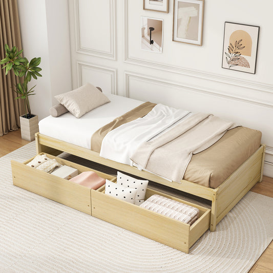 Wooden Twin Captain Bed with Storage Drawers and Slatted Support, Natural Finish