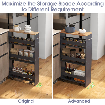 Slim Rolling Storage Cart with 4 Shelves and Handle, Narrow Organizer on Wheels - Grey
