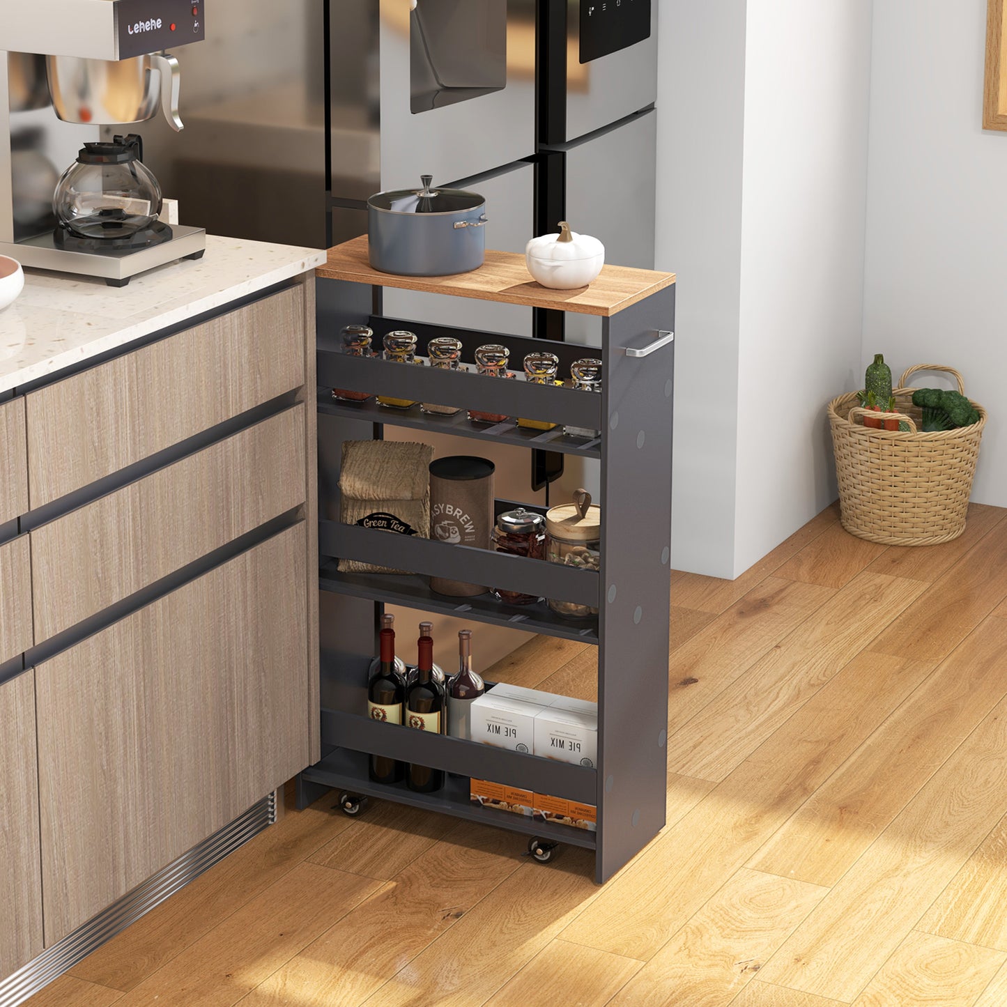 Slim Rolling Storage Cart with 4 Shelves and Handle, Narrow Organizer on Wheels - Grey
