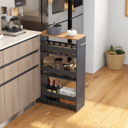 Slim Rolling Storage Cart with 4 Shelves and Handle, Narrow Organizer on Wheels - Grey